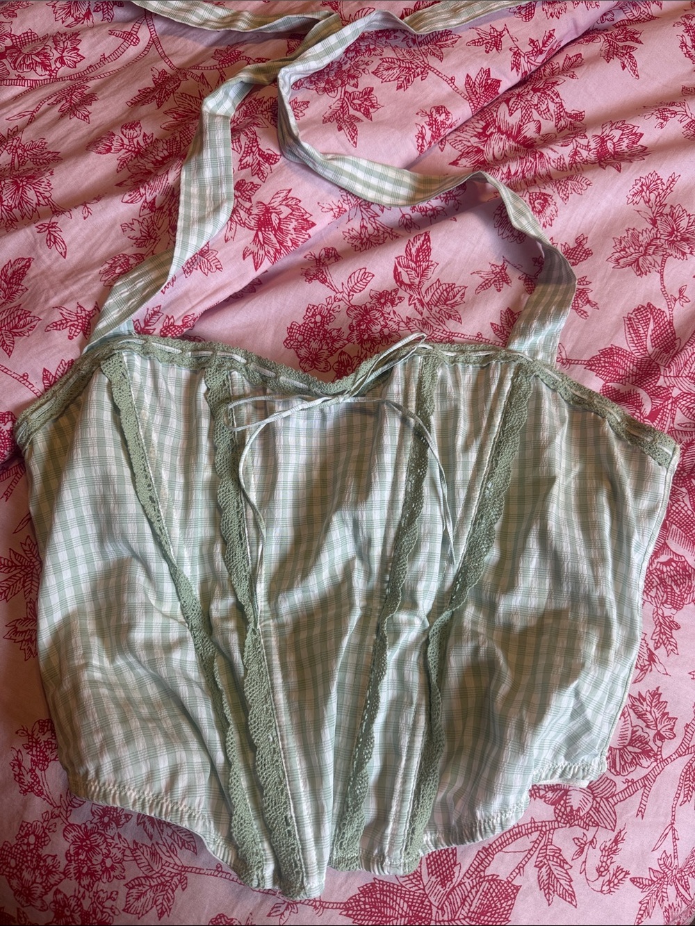 Out From Under Gingham Lace-Trim Corset Tank Top